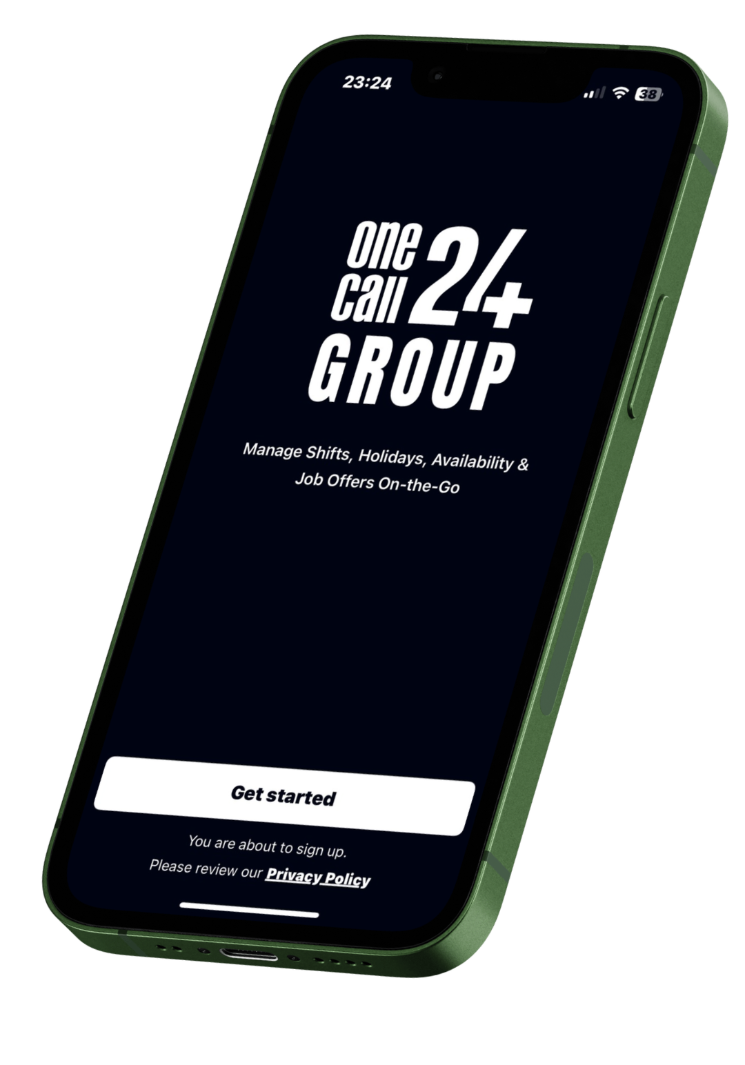 Smartphone screen showing OneCall24 Group app welcome screen with Get Started button